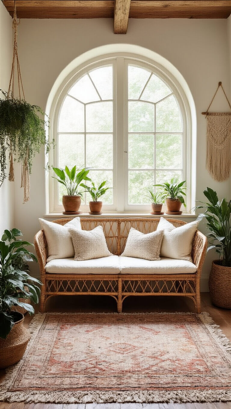 Bohemian bedroom with rattan loveseat, vintage rugs, macramé decor, and potted plants in diffused midday light.