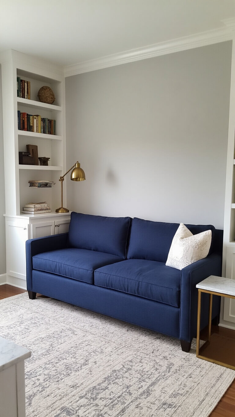 Overhead view of a small guest bedroom with a navy sleeper sofa framed by built-in bookshelves, light gray walls, brass task lamp, and marble side table, showcasing a functional and sophisticated layout.