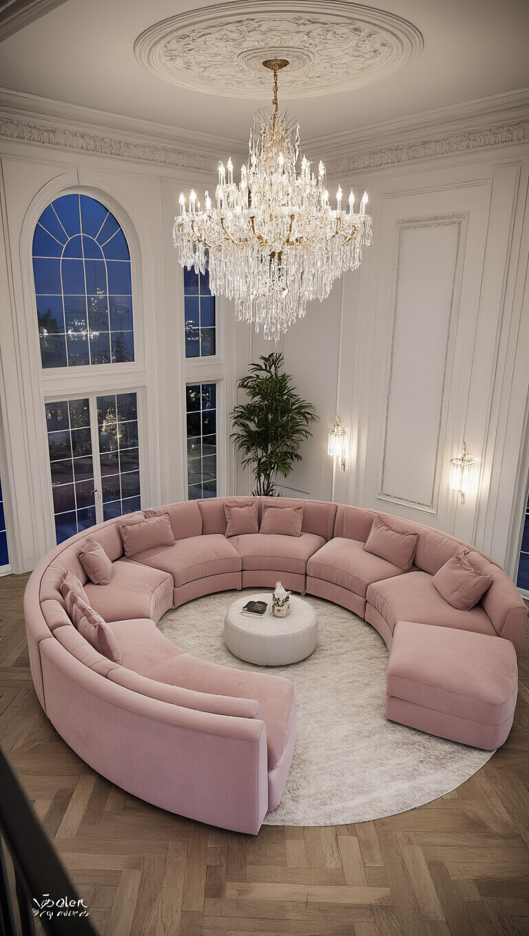 Glamorous primary bedroom at twilight with blush pink velvet curved sectional, crystal chandelier, herringbone floors, and panel molding, viewed from above.