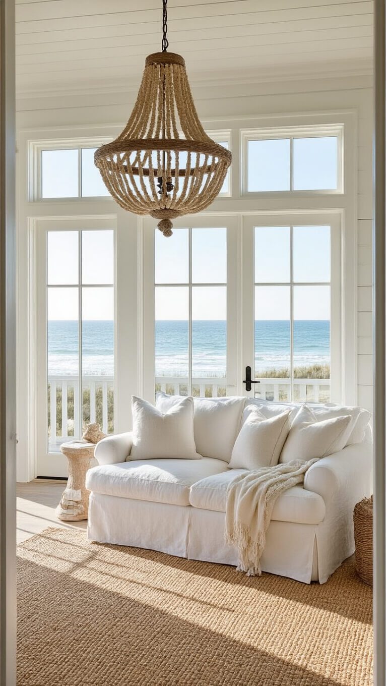 Coastal bedroom with white loveseat under chandelier, sisal rug, weathered wood decor, and beach view through French doors in bright morning light.