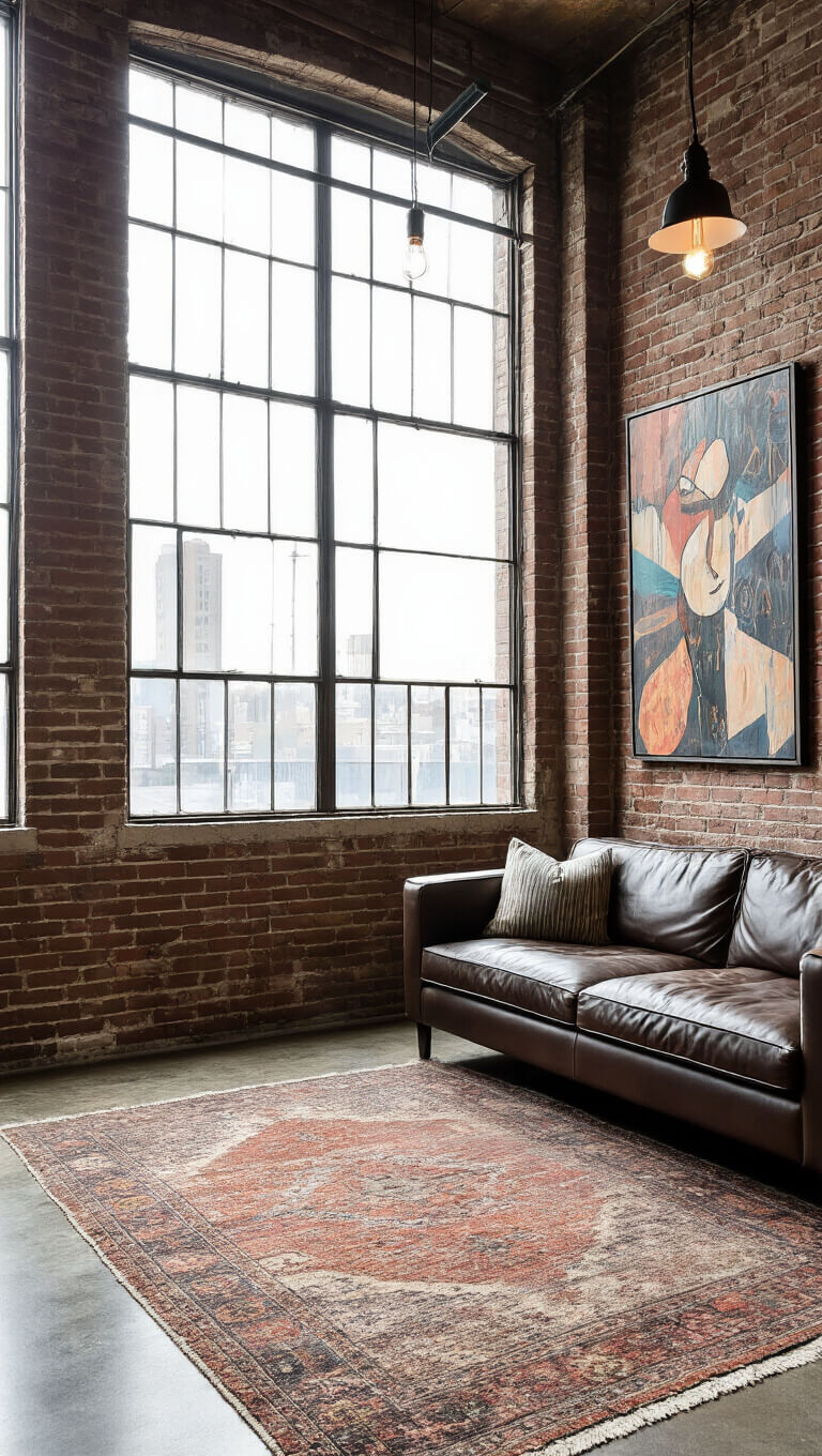 Urban industrial loft bedroom with exposed brick walls, concrete floors, vintage rugs, low-profile leather sofa, steel-framed windows, modern art gallery wall, and directional lighting emphasizing textures.