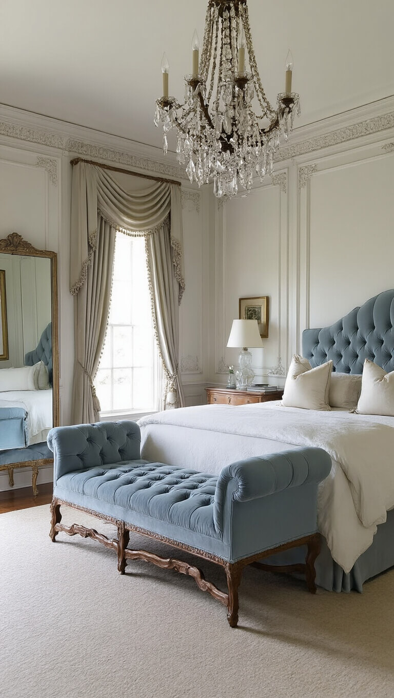 Elegant traditional bedroom with dusty blue tufted settee, antique mirror, silk drapes, crystal lamps, detailed millwork, and soft daylight.