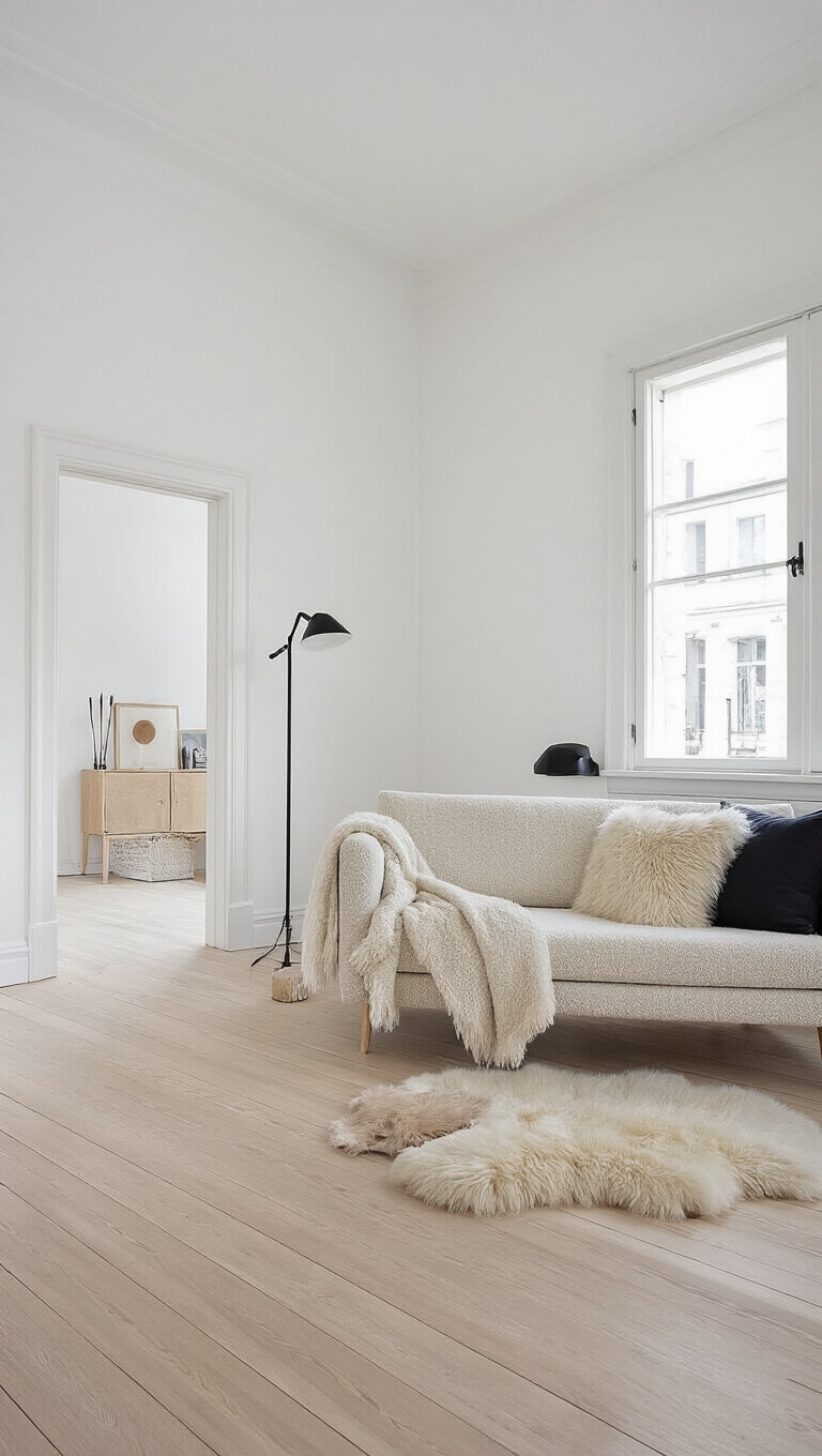 Scandinavian bedroom with light wood, oatmeal boucle loveseat, white walls, pale oak floors, black accents, and sheepskin throws in bright, even lighting.