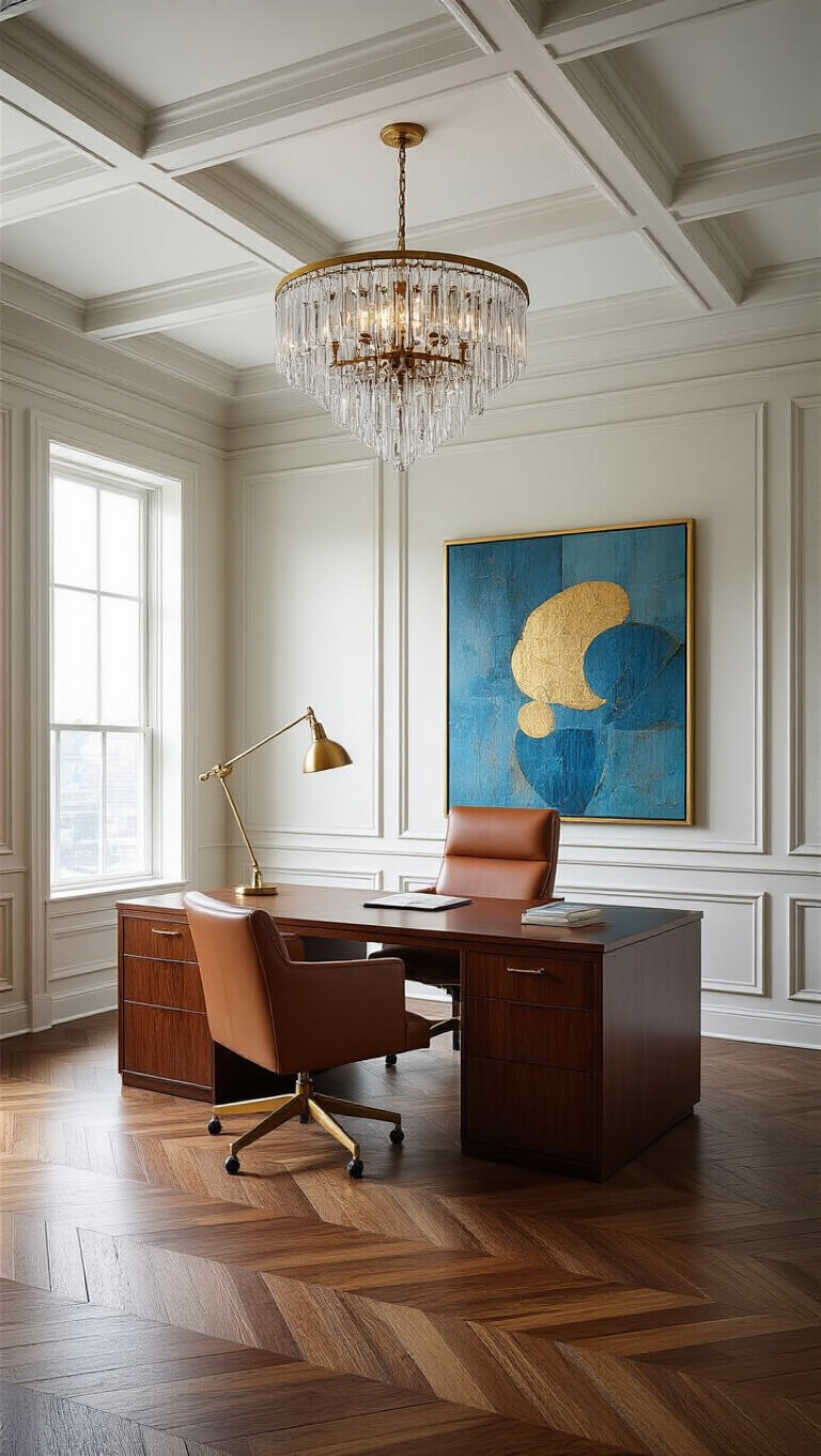 Elegant executive office suite with coffered ceilings, herringbone hardwood floors, rosewood mid-century modern desk, cognac leather guest chairs, brass floor lamp, abstract blue and gold art, and a crystal chandelier, viewed symmetrically from the entrance.
