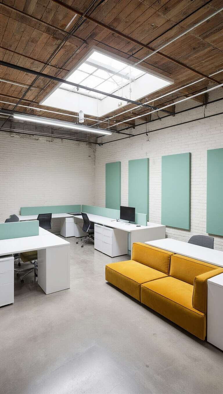Top-down view of a creative studio with polished concrete floors, white brick walls, skylight lighting, white modular workstations, mint green acoustic panels, and mustard yellow velvet seating in a collaboration zone.