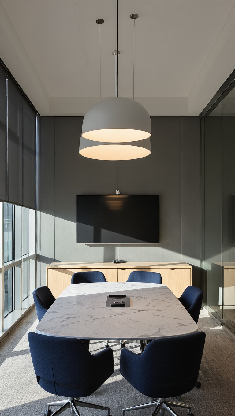 Minimalist glass-walled conference room with marble table for 14, navy chairs, pendant lighting, smart board, and afternoon shadows.