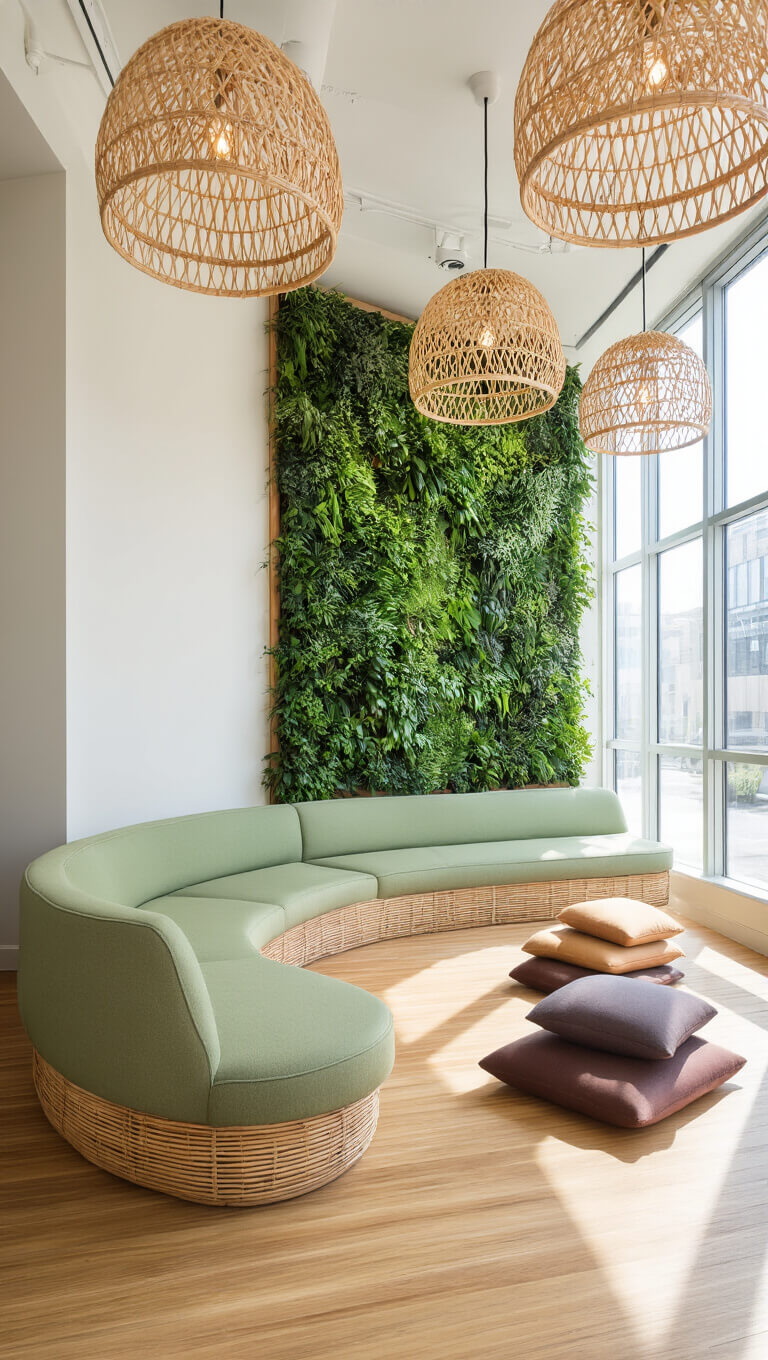 20'x20' wellness breakout space with living wall, bamboo flooring, sage green curved seating, rattan pendant lights, earth-tone meditation cushions by floor-to-ceiling windows in morning light.