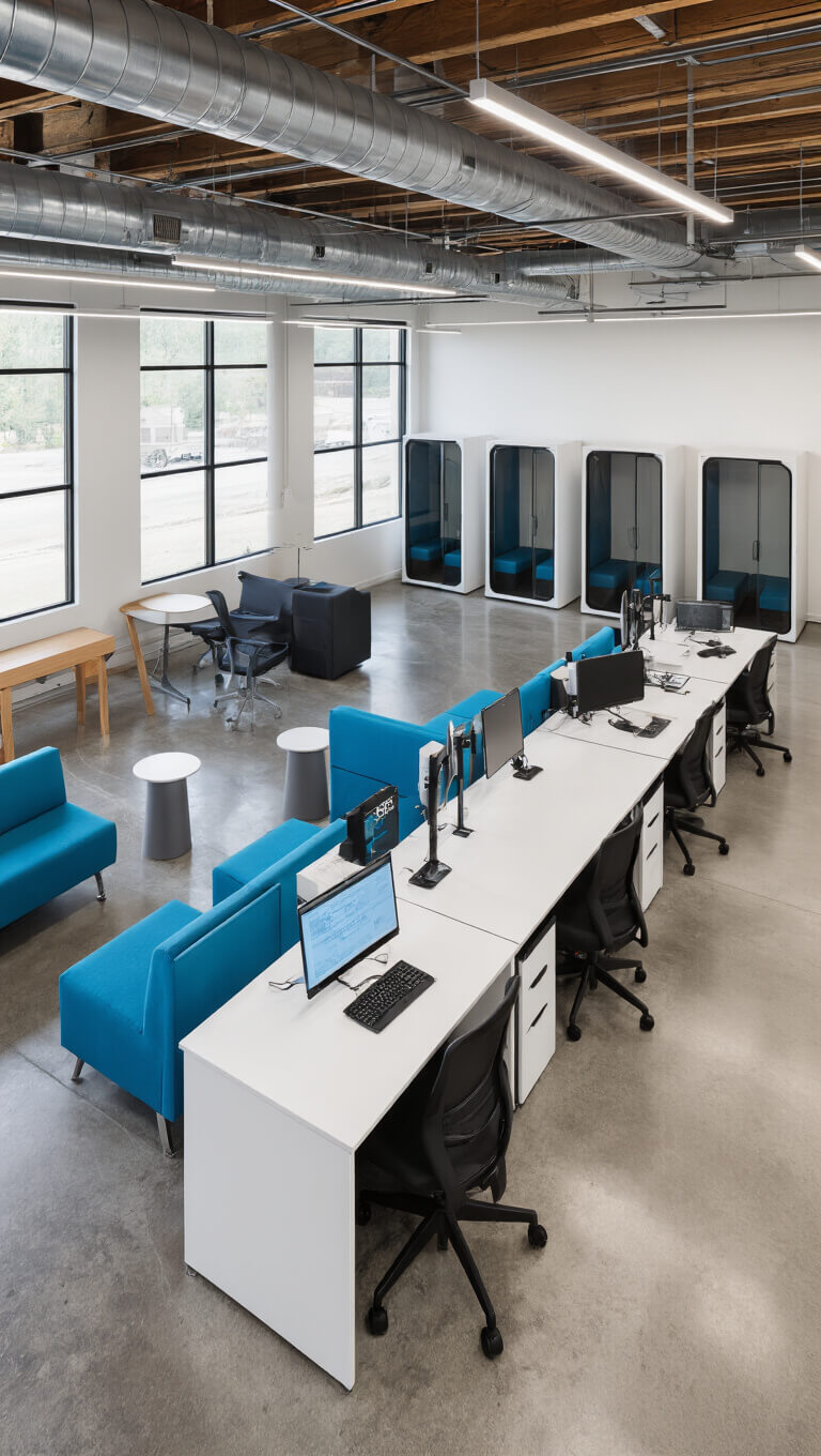 Overhead view of tech startup open office with exposed ductwork, polished concrete floors, white adjustable desks with black accents, smokey glass phone booths, electric blue modular lounge seating, and visible traffic flow patterns.