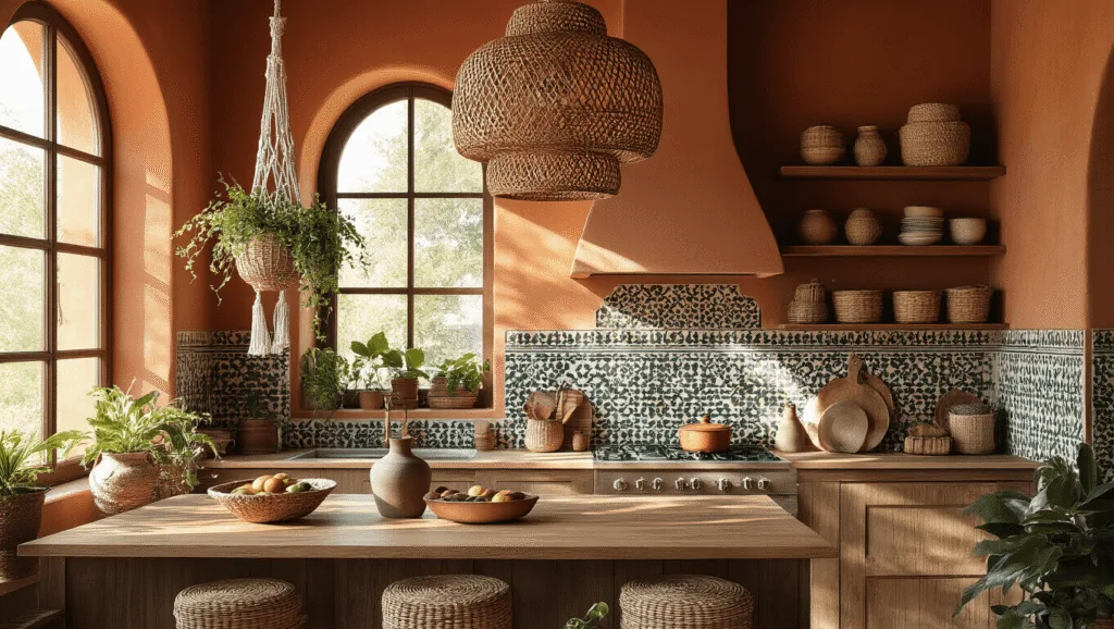 "Sunny kitchen interior with terracotta walls, Moroccan tile backsplash, rattan pendant light, woven baskets, tribal patterns, emerald accents, and macramé plant hangers"