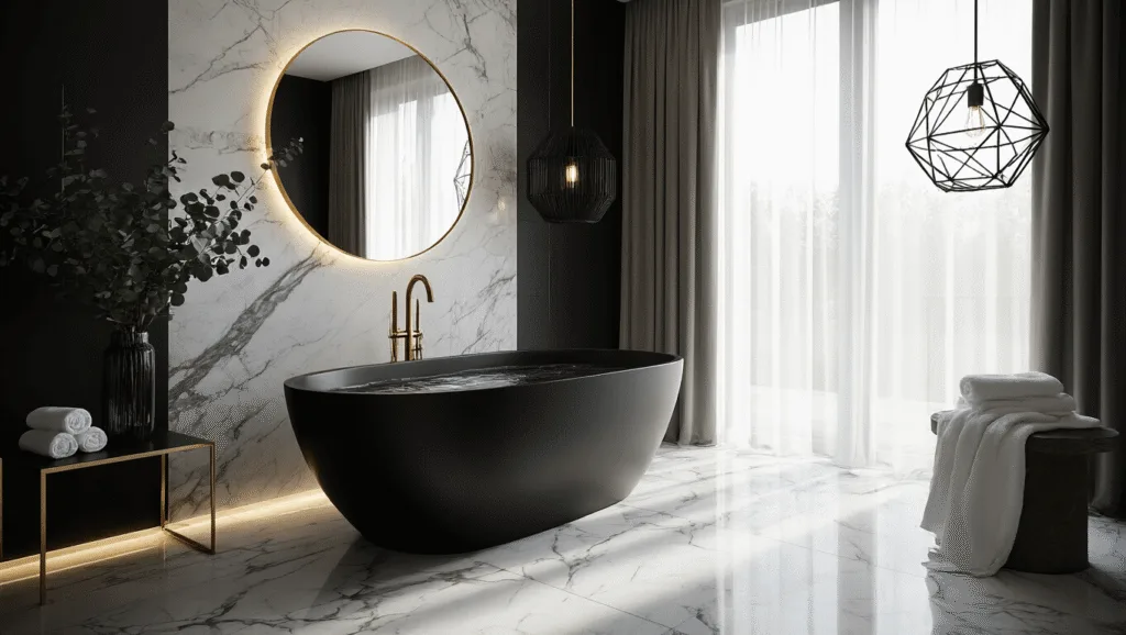 "Luxurious black bathroom with matte freestanding tub, marble floors, gold accents, and morning light"