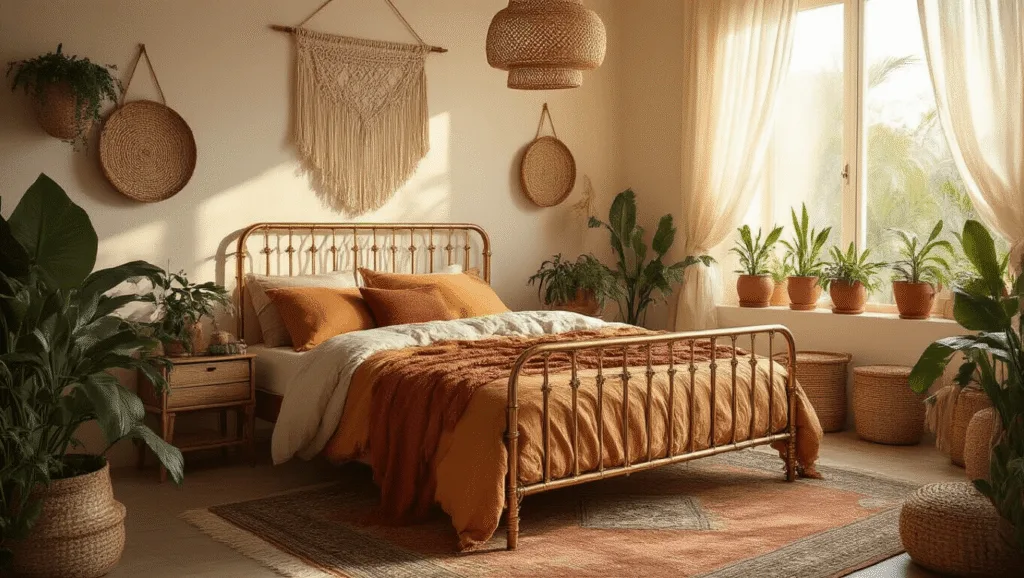 "Boho bedroom with warm sunlight, macramé wall hanging, rattan light, vintage brass bed with earth toned textiles, and emerald plants in terracotta pots"