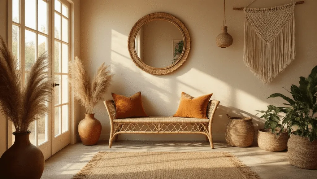 "Sunlit boho entryway with vintage rattan bench, brass-framed mirror, macramé wall hanging, ceramic vases with dried pampas grass, and warm golden hour lighting"