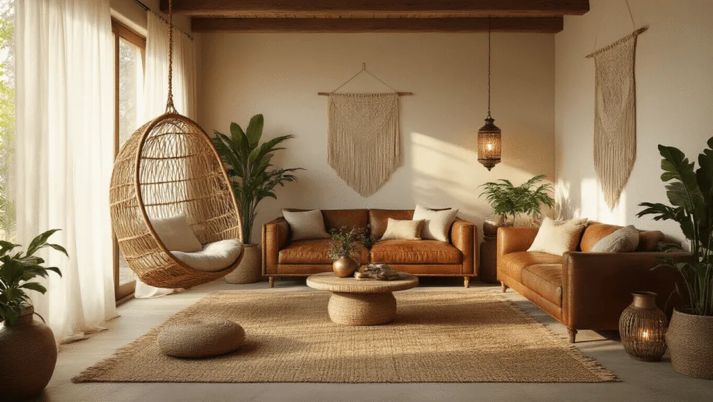 "Bohemian living room with natural textures and earth-toned décor during golden hour"