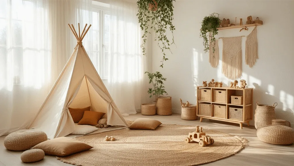 "Boho inspired kids playroom with cream teepee, rattan bookshelf, earthy tone cushions, and wooden toys bathed in warm sunlight"