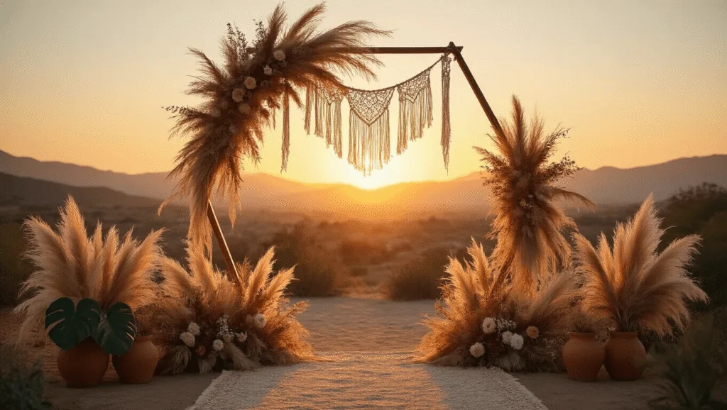 "Hexagonal wedding arch adorned with pampas grass, macramé, dried florals and fairy lights, against a golden sunset"