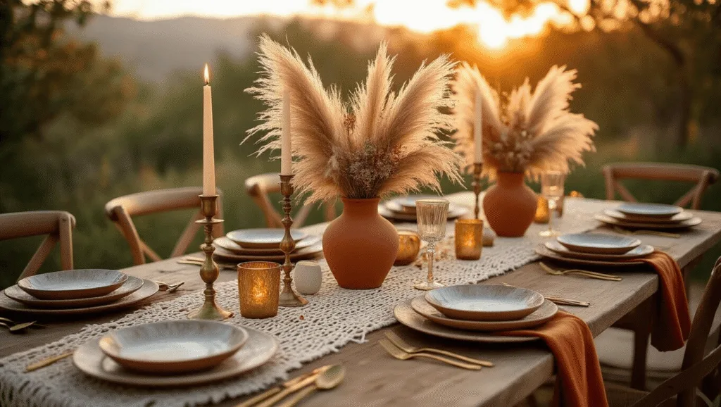 "Bohemian wedding table setup with vintage plates, brass candlesticks, pampas grass in terracotta vases, and macramé runner during golden hour."
