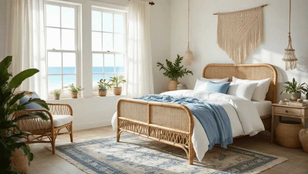"Sunlit coastal bedroom with rattan bed, white and sea blue linens, vintage rug, sheer curtains, and potted plants, reflecting a boho aesthetic"