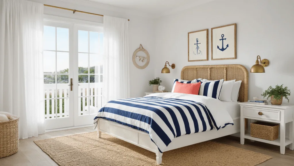 "Sunny coastal preppy bedroom with white and navy color scheme, rattan headboard, and nautical accents"