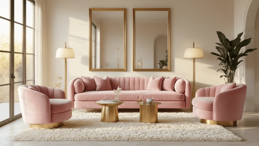 "Luxurious contemporary living room with blush pink velvet sofa, gold accents, brass floor lamps, and cream Moroccan rug under soft golden hour light"