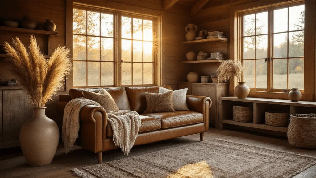 "Cozy cabin interior with warm natural light, featuring a leather loveseat, vintage shelves, pampas grass in ceramic vases, and layered rugs during golden hour"