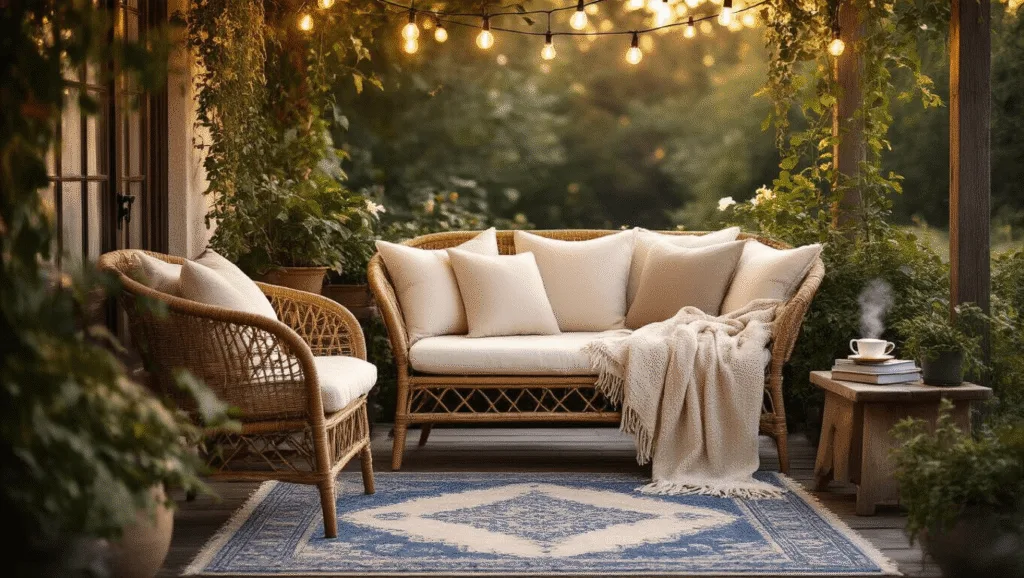 "Outdoor reading nook with comfy rattan chair, string lights and a side table with books and tea"
