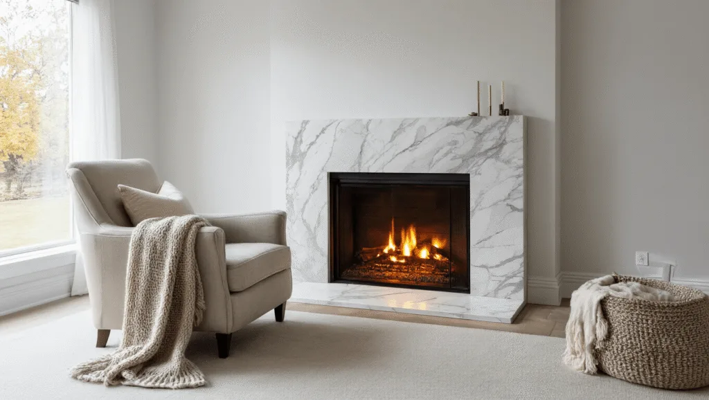 "Cozy bedroom design featuring a modern marble fireplace, plush armchair, soft throw blanket, and warm ambient lighting on a clean white background"