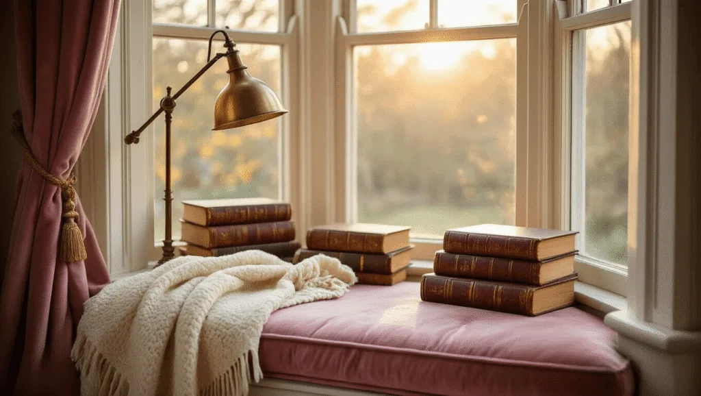 "Sunlit Victorian bay window nook with dusty rose velvet seat, stacked vintage books and antique brass lamp during golden hour"