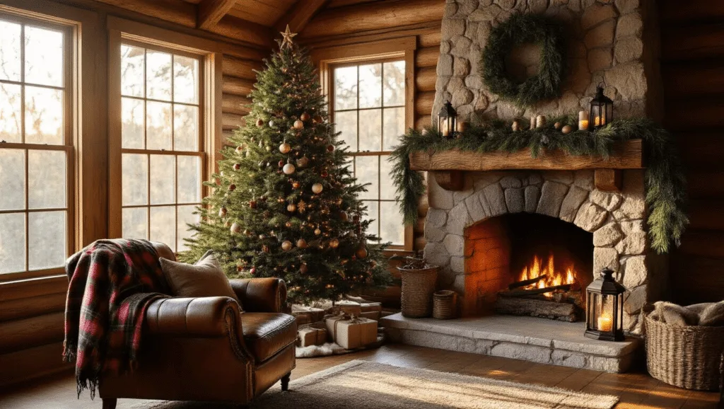 "Rustic cabin interior with Christmas tree, leather armchair, stone fireplace and warm golden sunlight"