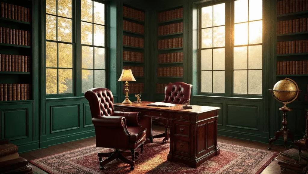 "Dramatic study room with mahogany desk, burgundy leather chair, emerald walls, bookshelves filled with vintage books, and antique decor in warm golden hour light."