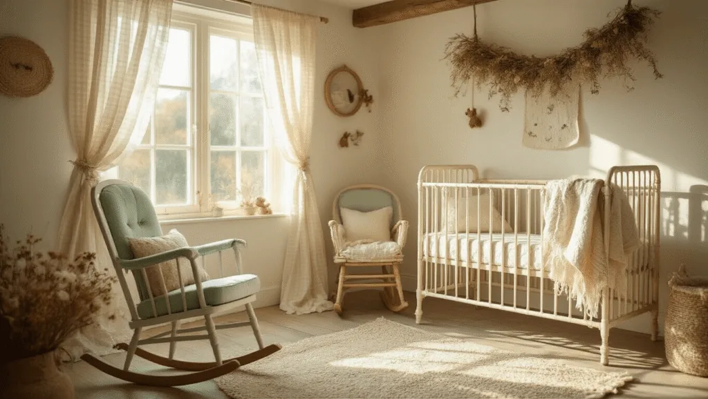 "Dreamy cottagecore nursery with vintage crib, rocking chair, dried flowers, and handmade quilits in soft morning light"