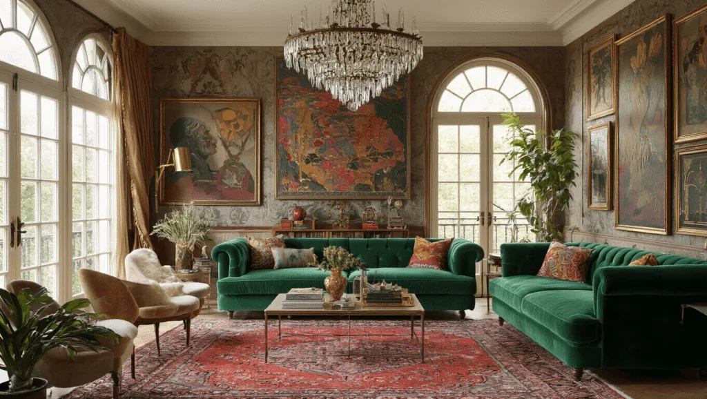 "Eclectic maximalist living room featuring emerald velvet sofa, Persian rug, crystal chandelier, vintage art gallery wall, golden sunlight streaming through arched windows and rich jewel tones with layered textures."