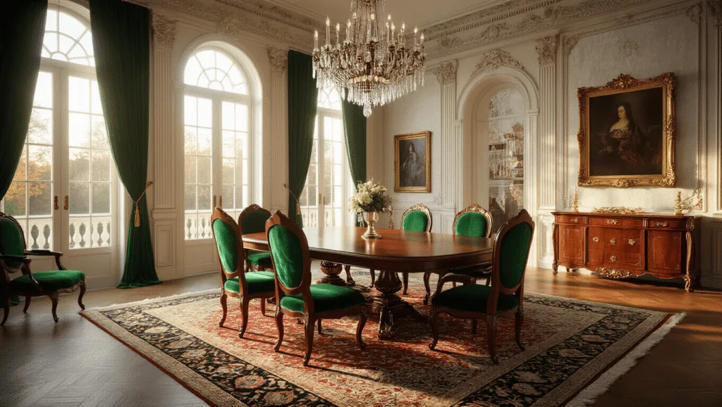 "Elegant antique dining room with mahogany table, emerald velvet chairs, crystal chandelier, Persian rug, and oil paintings in golden hour light"