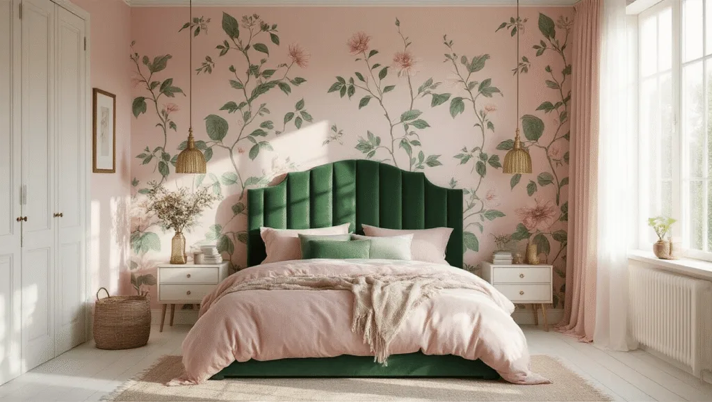 "Sun-kissed bedroom with emerald green velvet headboard, blush pink botanical wallpaper, vintage brass decor, and whitewashed floors"