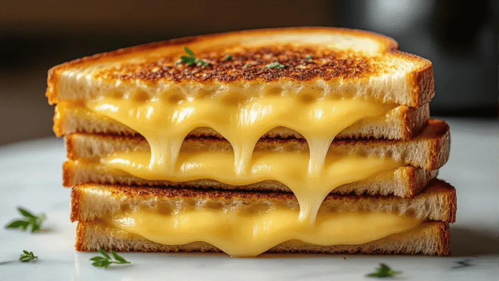 "Close-up image of a grilled cheese sandwich with melting cheese on a white marble counter, lit in warm light"