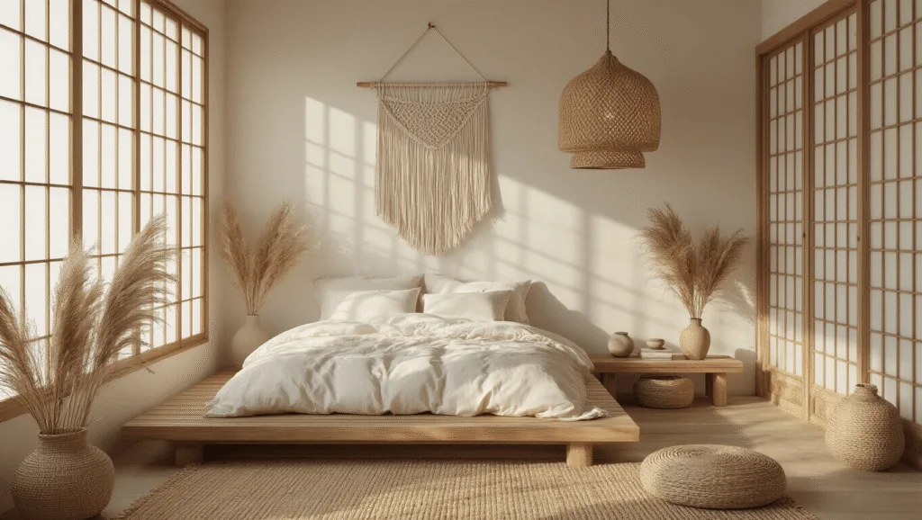 "Japanese-Boho bedroom with cream linens, rattan light, and natural textures in soft morning light"