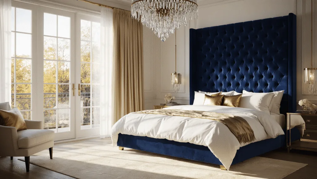 "Luxurious bedroom with navy blue velvet headboard, mirrored nightstands, crystal chandelier, and golden afternoon light"