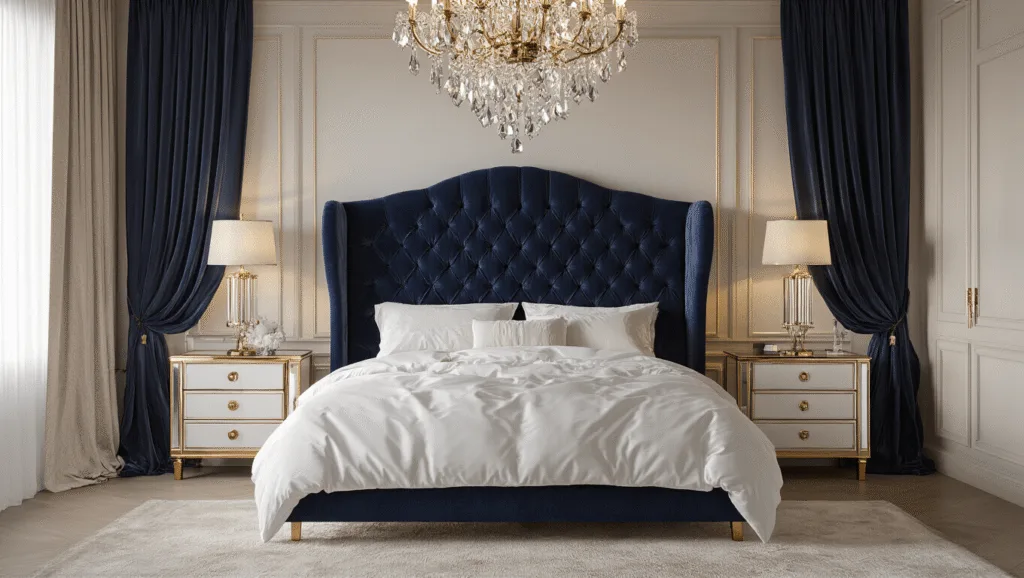 "Luxurious master bedroom with navy velvet tufted headboard, crystal chandelier, mirrored nightstands, white bedding, and silk curtains in golden hour lighting"