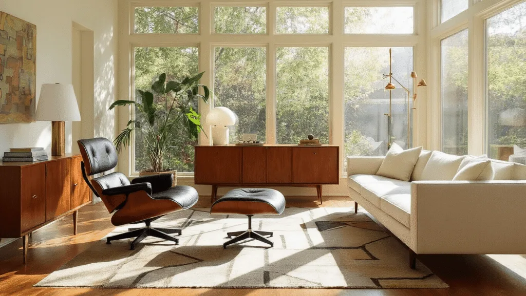 "Mid-century modern living room with sunlit Eames chair, walnut credenza, cognac leather sofa, and a geometric pattern rug"