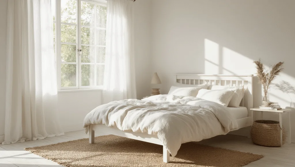 "Minimalist cottage bedroom with whitewashed wooden bed, ivory linen bedding, sheer curtains and oak floors basking in morning light"