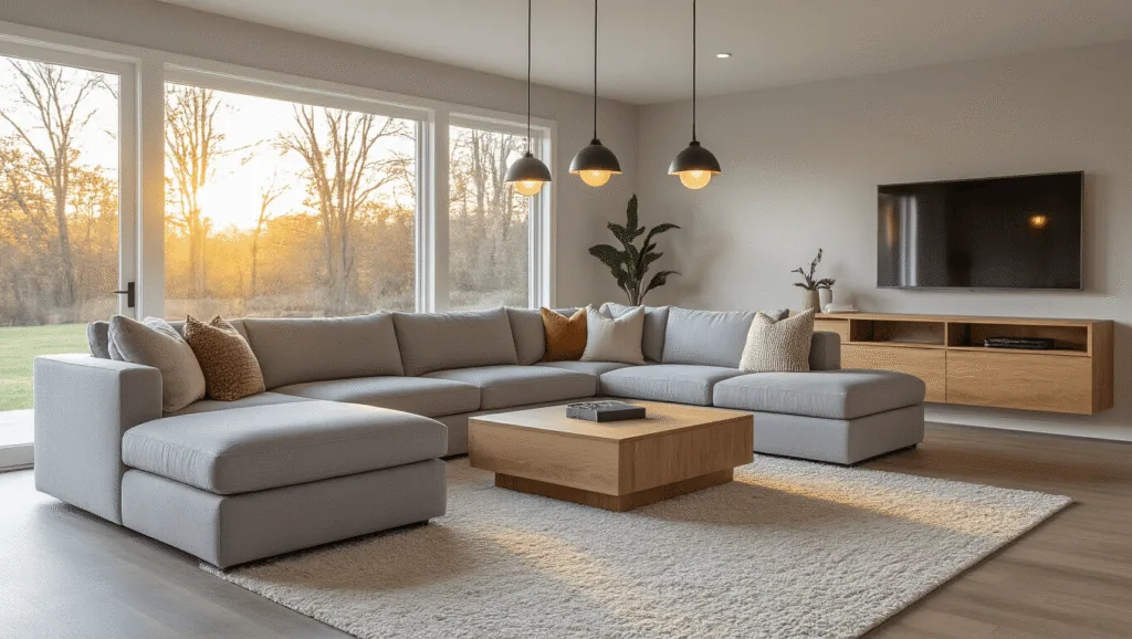 "Modern cozy basement living room with grey sectional sofa and oak entertainment unit bathed in golden hour sunlight"