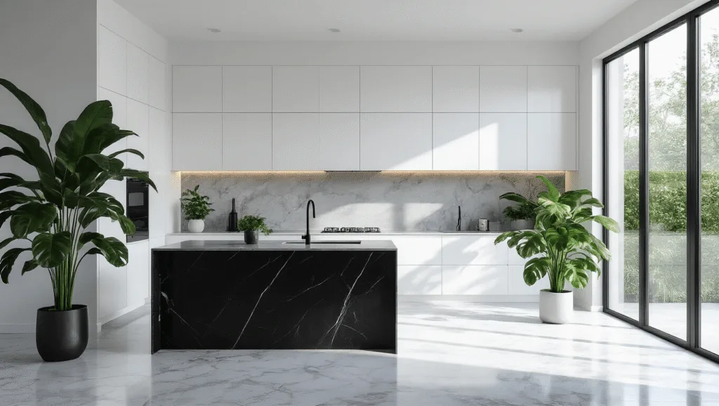 "Modern luxury kitchen with white minimalist cabinets, grey marble backsplash, black waterfall island, and large potted monstera by floor-to-ceiling windows"