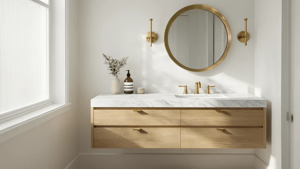 "Small luxury bathroom with marble floating vanity, brass fixtures, and morning light through frosted window"