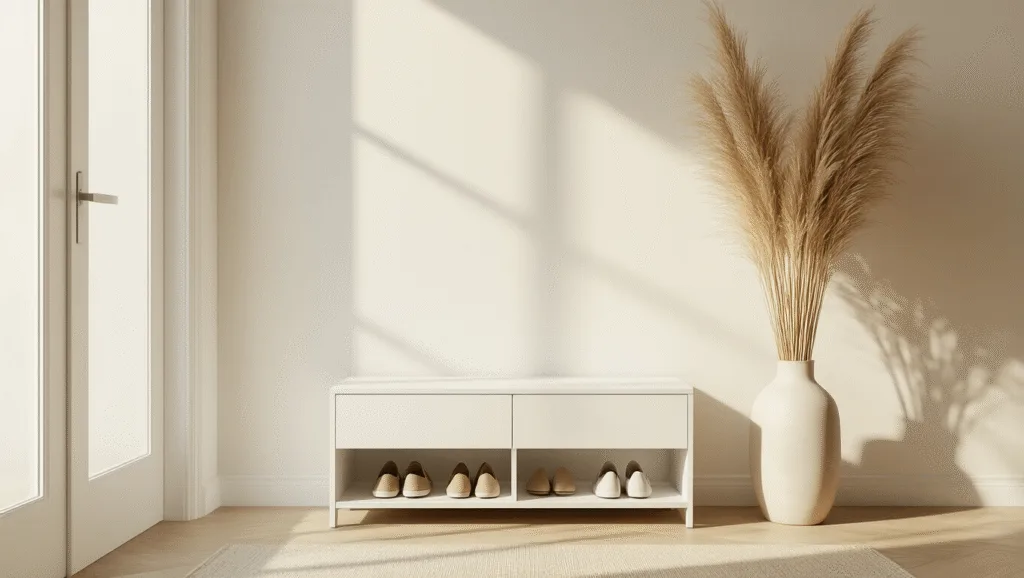 "Minimalist white shoe storage cabinet in a modern entryway with pampas grass decoration, natural sunlight, and blonde oak flooring"