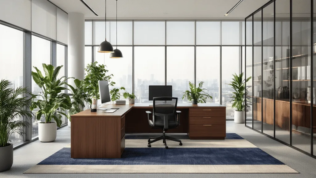 "Panoramic view of a modern office with natural lighting, walnut desk, ergonomic chair, glass partitions, and indoor plants on a clean minimalist background"