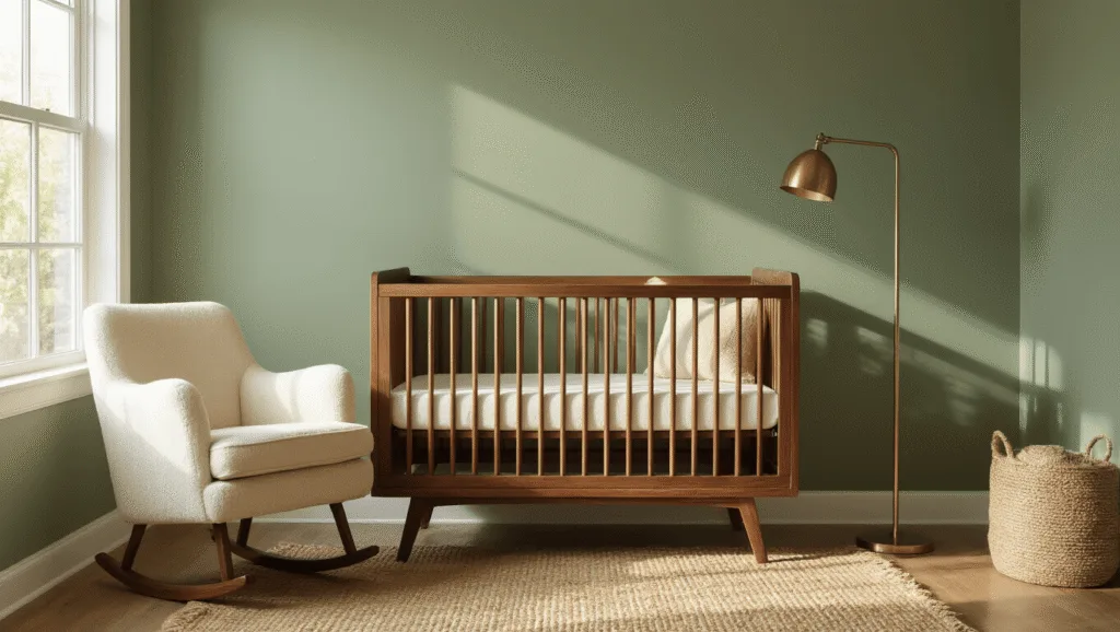 "Cozy vintage-modern nursery with a walnut crib, cream boucle glider, and brass lamp against a sage green wall during the golden hour"