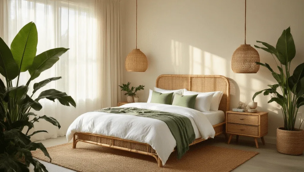 "Modern tropical bedroom with rattan bed, white linens, sage pillows, and botanical decor bathed in golden sunlight"