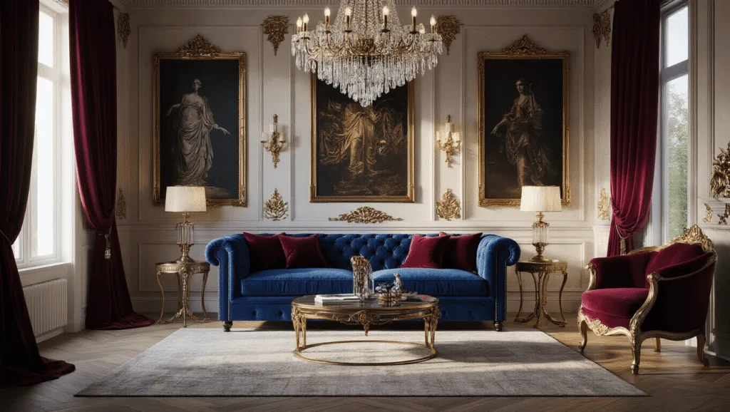 "Modern Victorian living room with high ceilings, jewel-toned velvet sofa, gold-framed artwork, crystal chandelier, and ambient lighting."