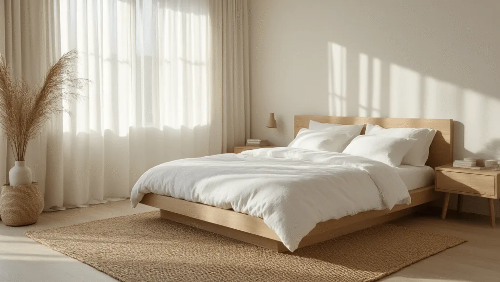 "Serene bedroom with oak platform bed, white linen bedding, jute rug, wooden nightstands and sheer curtains in morning light"