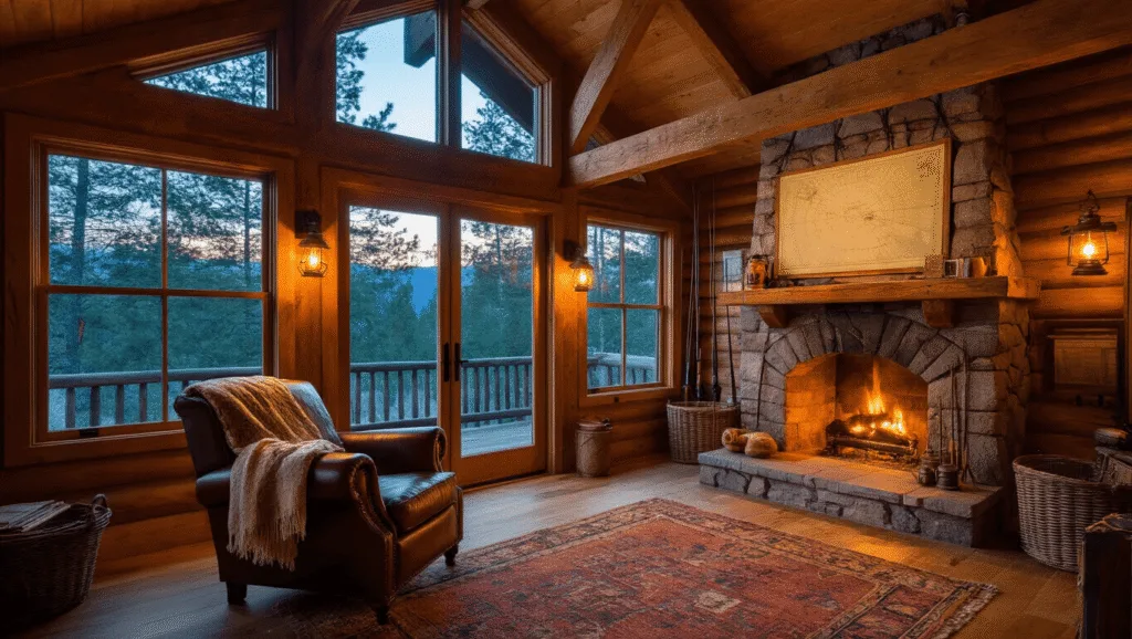 "Cozy rustic fishing cabin interior with warm evening light, vintage fishing decor, and serene pine forest view"