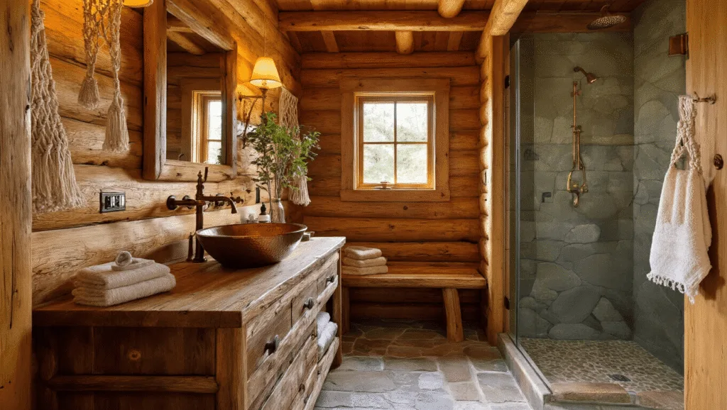"Rustic cabin bathroom with knotty pine walls, copper sink, stone accents and golden hour light"